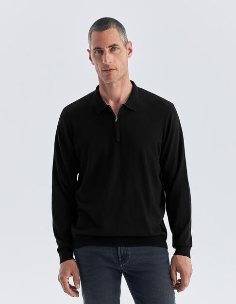 Men’s black mixed fabric polo shirt with Interlock back