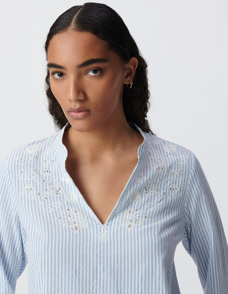 Blouse rayures bleu ciel plastron brodé-5