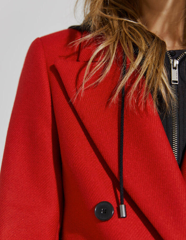 Women’s red wool mid-length coat, sweatshirt fabric hood - IKKS