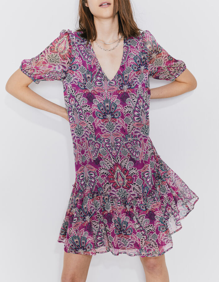 Kurzes Kleid aus fuchsiafarbenem Voile mit floralem Bandana-Print für Damen - IKKS