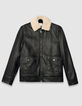 Blouson aviateur noir en cuir sherpa amovible Homme-5