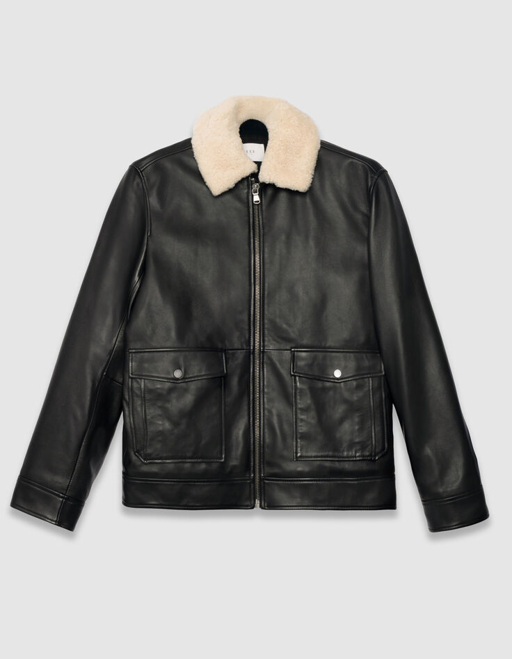 Blouson aviateur noir en cuir sherpa amovible Homme-5