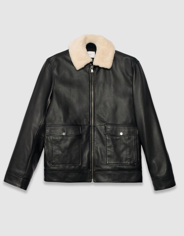 Blouson aviateur noir en cuir sherpa amovible Homme-5 Blouson aviateur noir en cuir sherpa amovible Homme-5