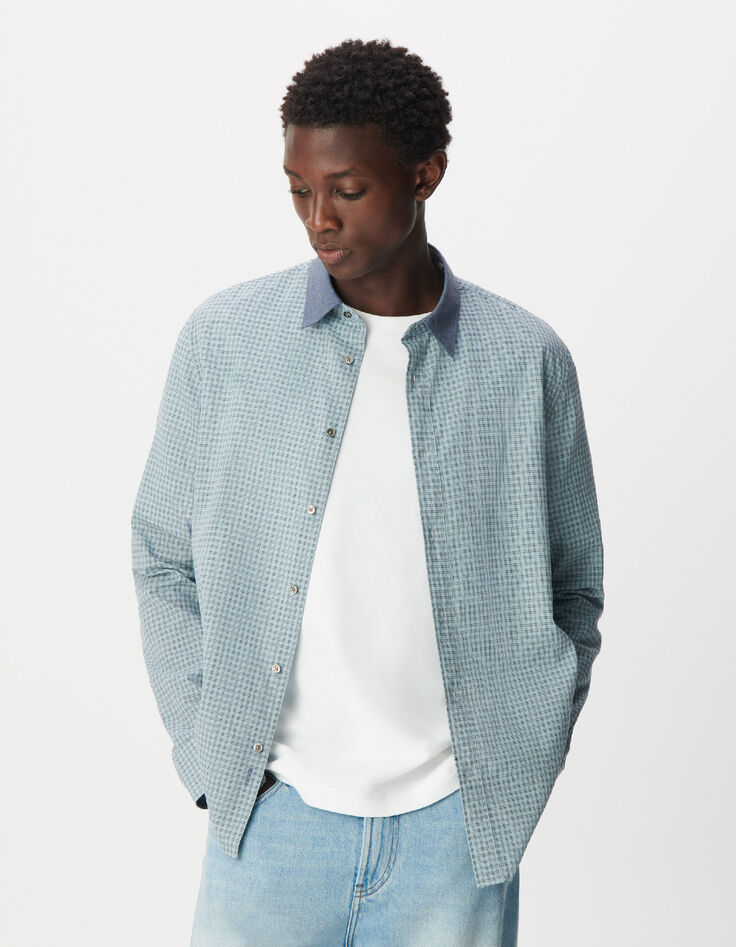 Men's easy blue shirt with check pattern, long sleeves-2