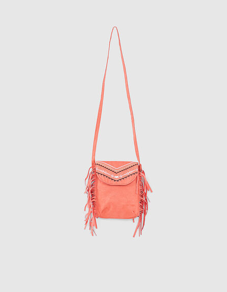 Girls’ dark coral fringed embroidered bag