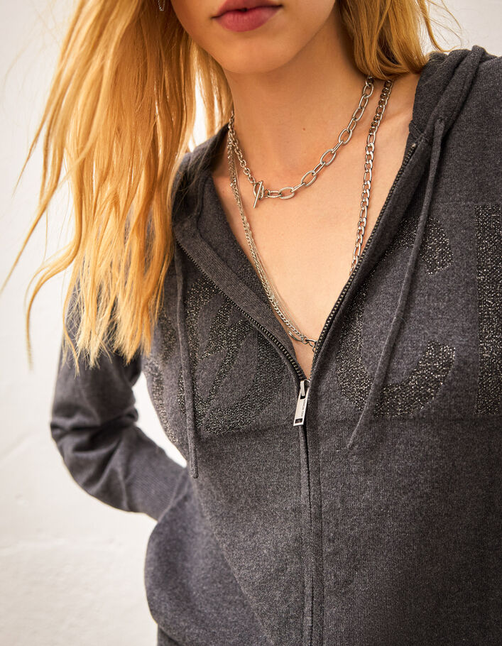 Women’s grey hooded cardigan with metallic rock intarsia