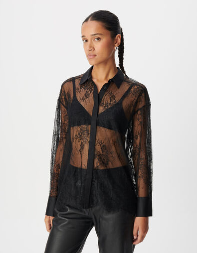 Chemise dentelle noire col satin&eacute; Femme - IKKS