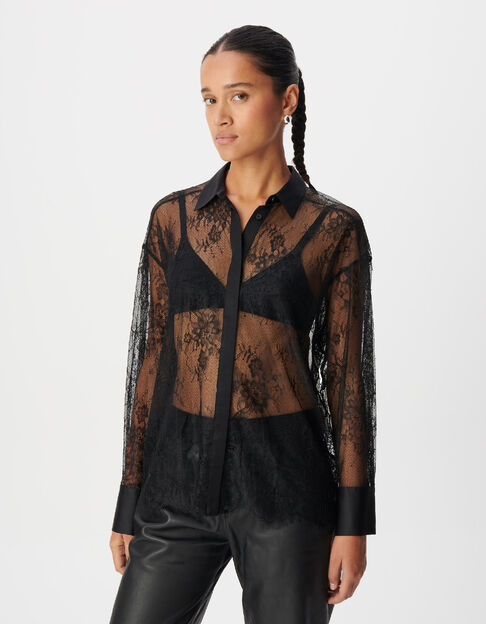 Chemise dentelle noire col satin&eacute; Femme - IKKS