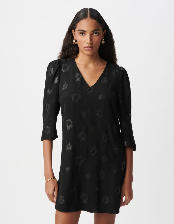 Vestido cruzado negro con estampado de leopardo y lentejuelas bordadas para mujer-2