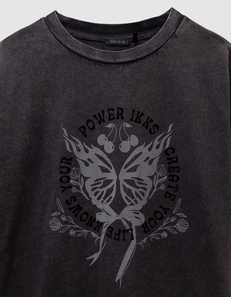 Camiseta gris algodón mensaje y mariposa niña-3