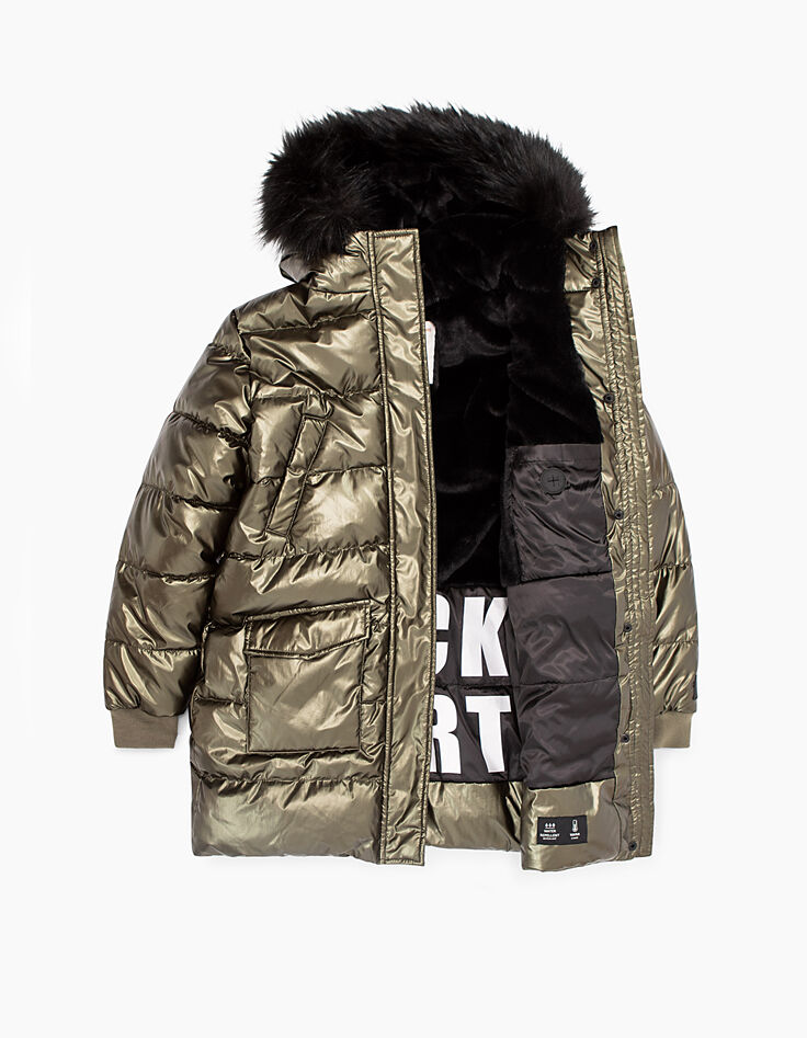 Girls’ khaki metallic-look long padded jacket-2
