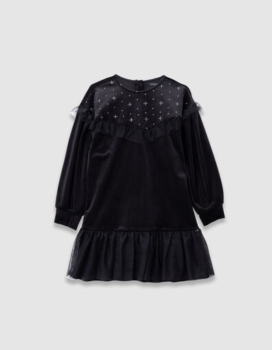 Girls&rsquo; black embroidered velvet dress with tulle ruffles - IKKS