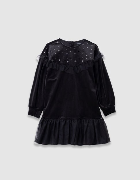 Girls&rsquo; black embroidered velvet dress with tulle ruffles - IKKS