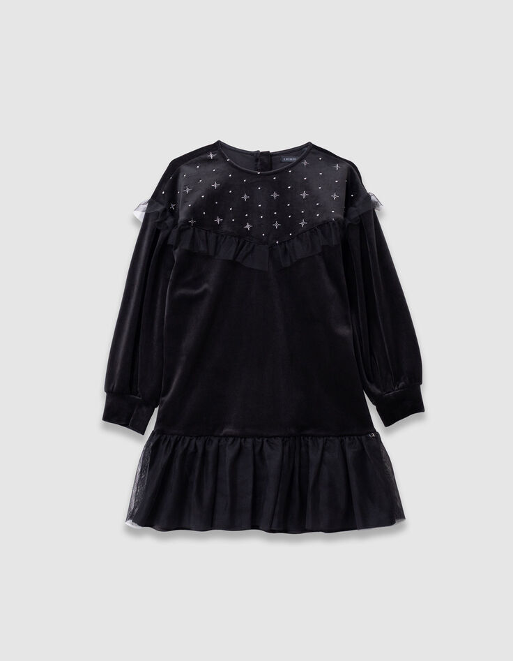 Girls’ black embroidered velvet dress with tulle ruffles-4