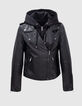 Blouson noir en cuir d'agneau à capuche amovible femme-6
