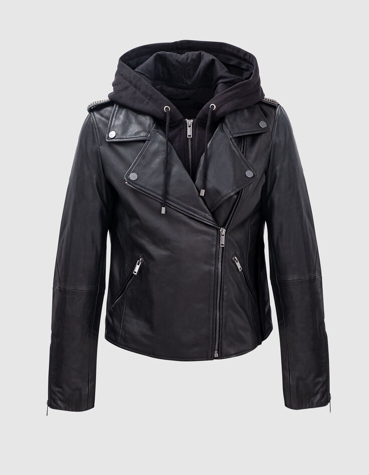 Blouson noir en cuir d'agneau à capuche amovible femme-6