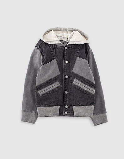 Boys’ grey denim organic hooded jacket, lettered back - IKKS