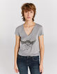 Tee-shirt col V gris métallisé visuel tête de mort femme-2