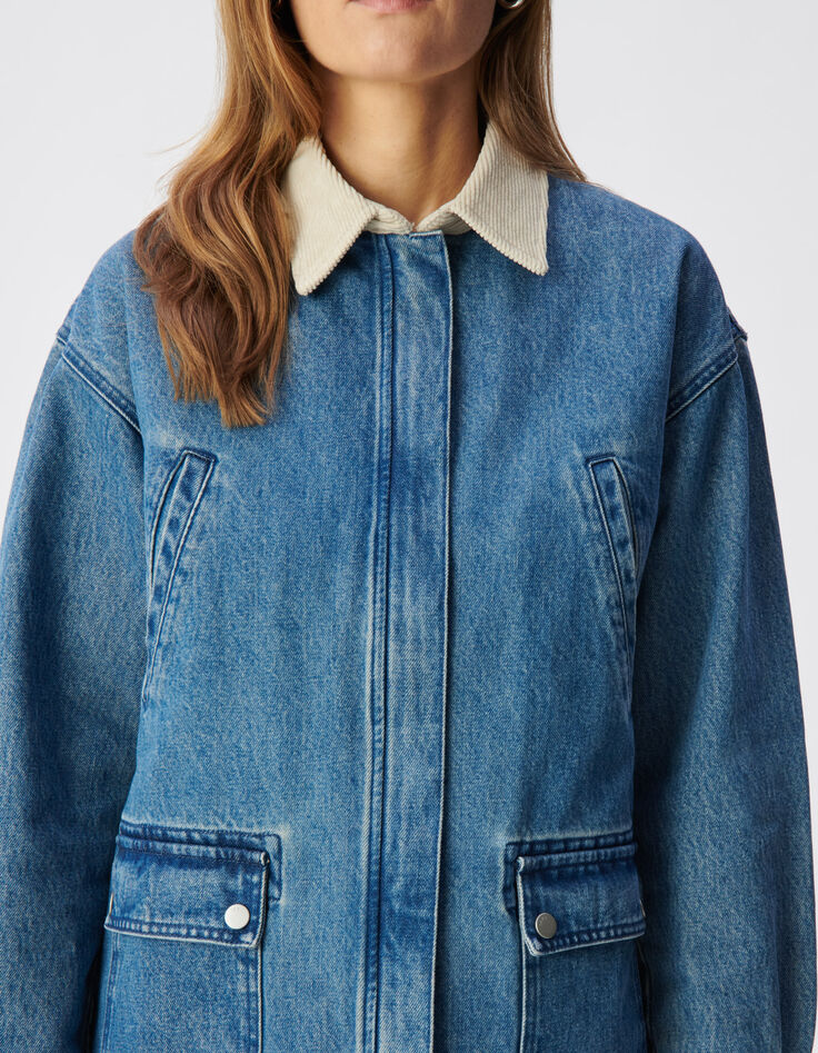 Women's blue denim jacket with ecru velour collar-6