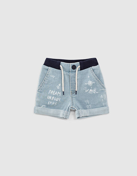 Baby boys’ faded blue slogan organic cotton denim shorts
