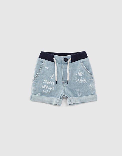 Baby boys’ faded blue slogan organic cotton denim shorts - IKKS