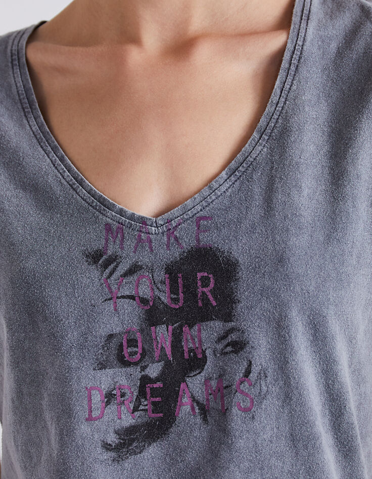 Grijs T-shirt V-hals opdruk gezichten dames-5