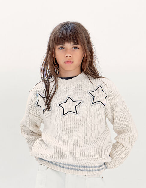 Pull blanc cassé tricot broderies étoiles fille