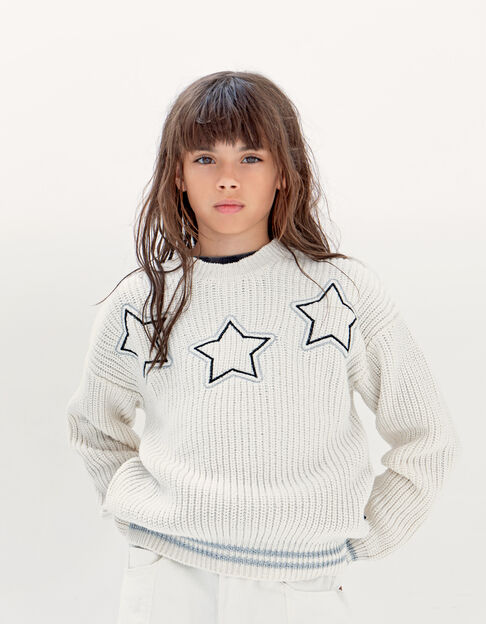 Girls’ off-white knit sweater with star embroidery
