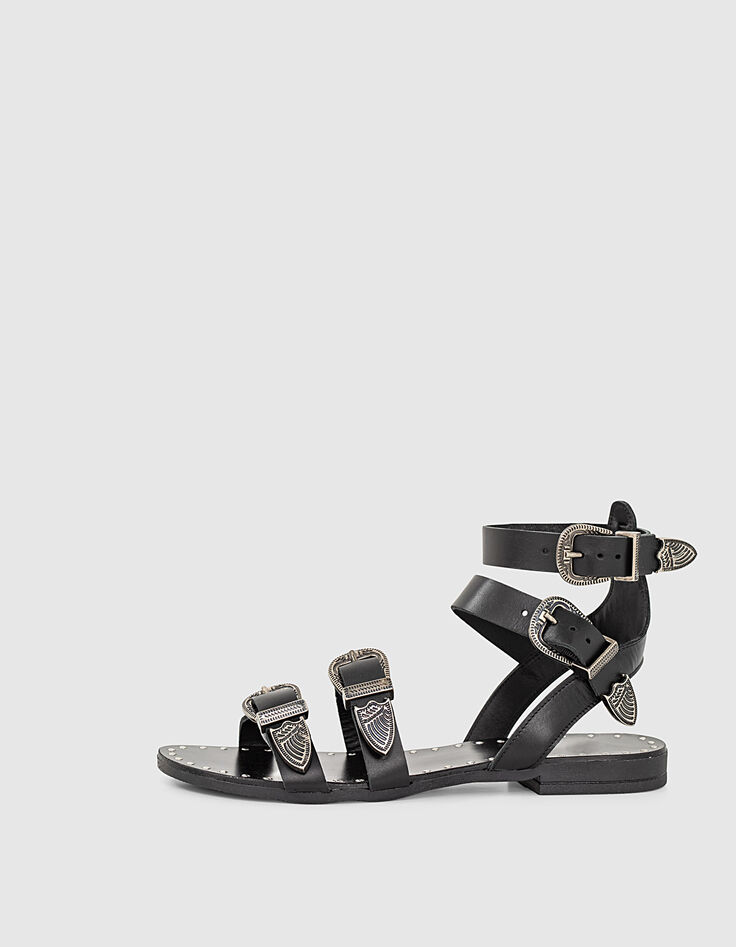 Sandalias cuero ante negro hebilla mujer-5