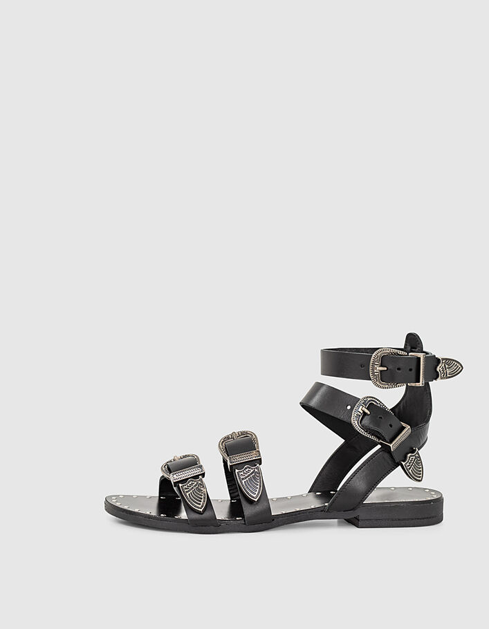 Women’s black suede flat sandals with Western buckles - IKKS