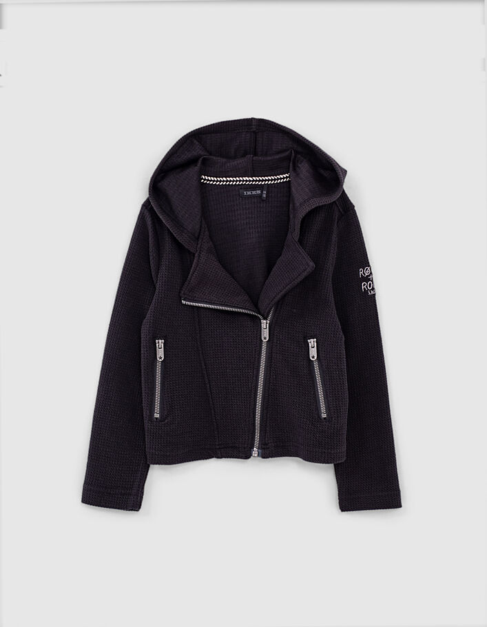Cardigan noir maille nid d'abeille esprit motard fille -5