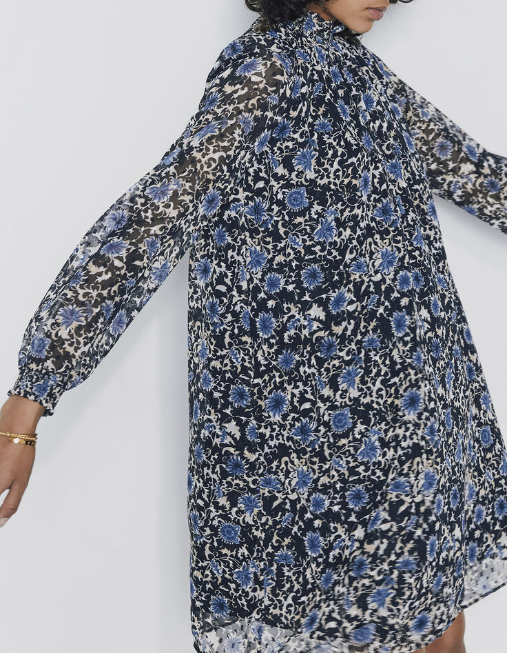 Women’s blue flower print dotted Swiss voile short dress-2