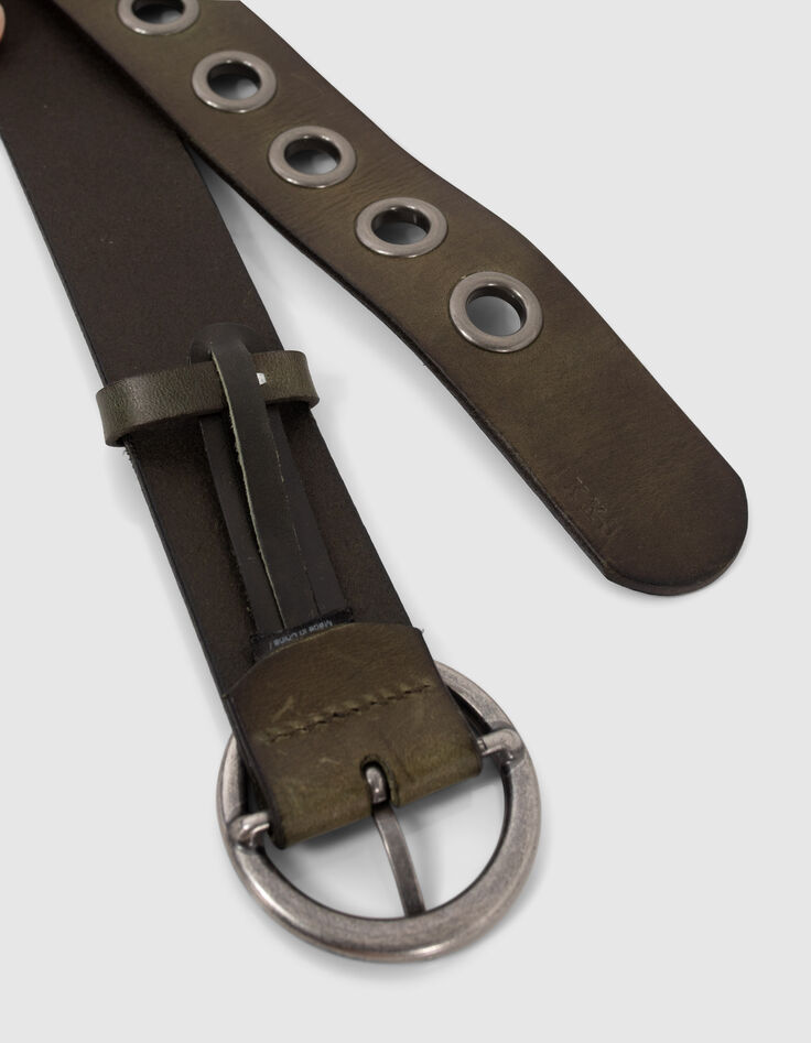 Ceinture en cuir kaki avec maxi œillets Femme-3