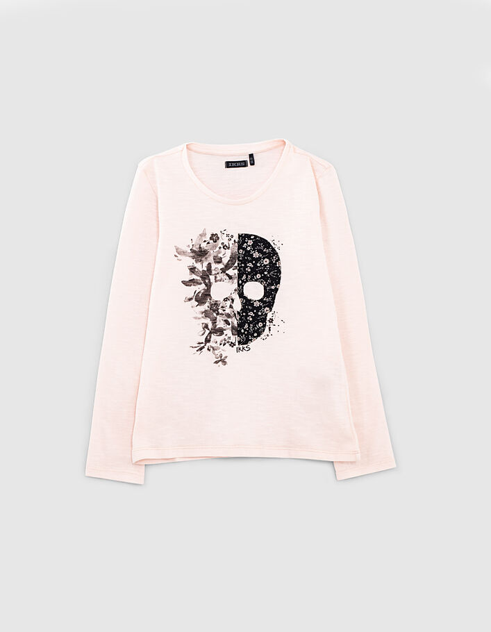 Tee-shirt rose pâle à tête de mort fleurie fille - IKKS