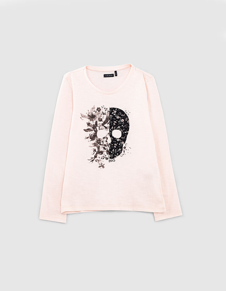 Camiseta rosa pálido con calavera de flores niña-2 Camiseta rosa pálido con calavera de flores niña-2