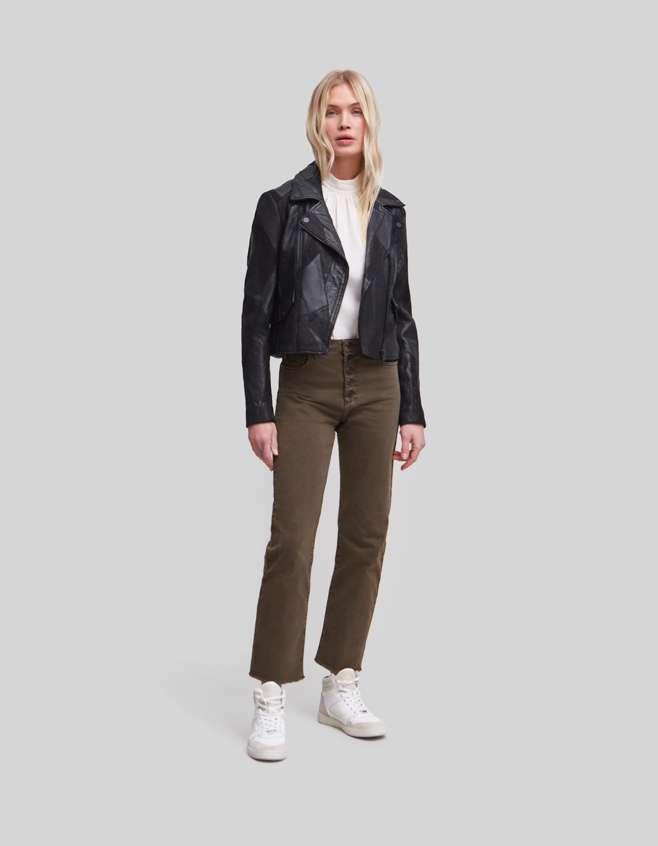 Patchwork leather jacket womens shop