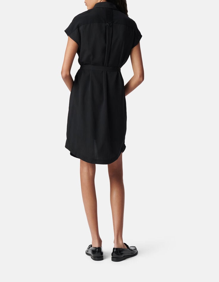 Vestido camisero negro de mujer de poli&eacute;ster reciclado con estampado de pedrer&iacute;a-3