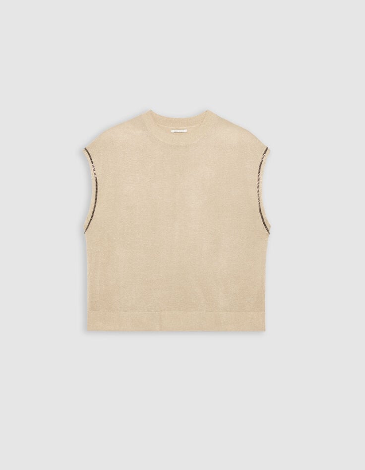 Pull beige tricot fin lurex décor chaînettes Femme-5