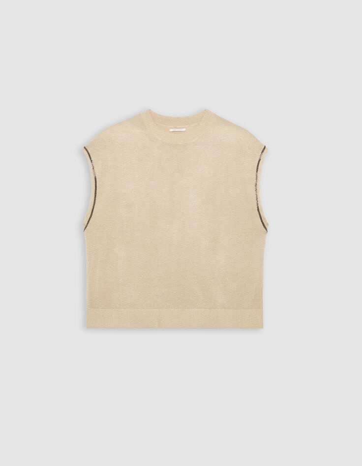 Pull beige tricot fin lurex décor chaînettes Femme-5 Pull beige tricot fin lurex décor chaînettes Femme-5