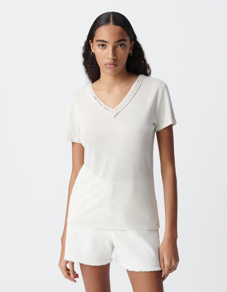 Tee-shirt blanc tressage encolure V Femme-2