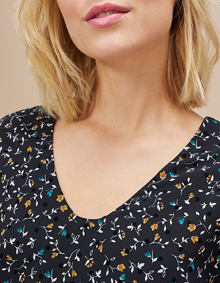 Robe noire imprimé fleurettes floqué pois velours I.Code-4