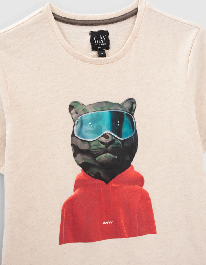 Beige meliertes Jungen-T-Shirt mit Bär und Camouflageprint - IKKS
