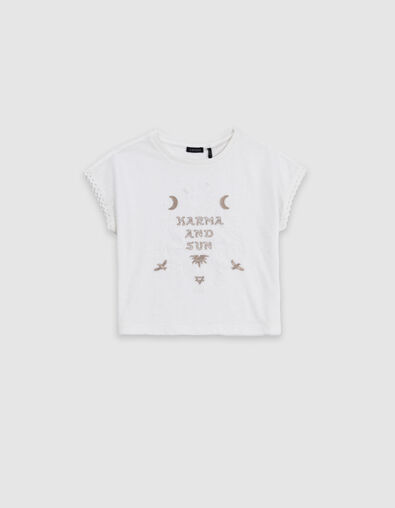 T-shirt blanc coton bio dentelle et broderies fille - IKKS