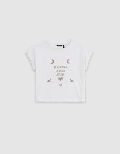 T-shirt blanc coton bio dentelle et broderies fille - IKKS