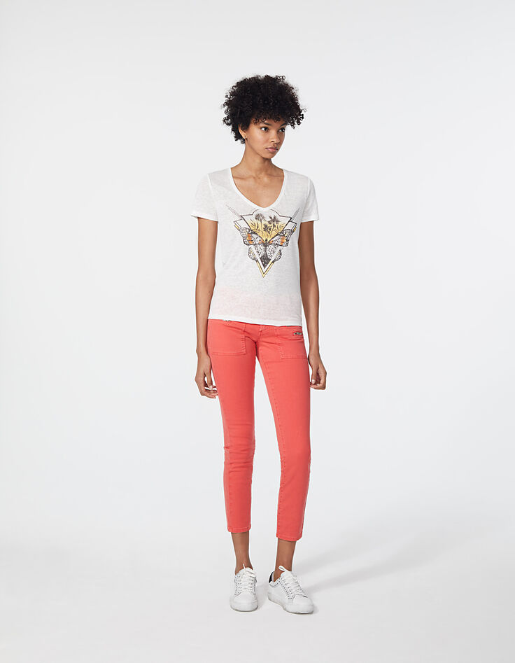 Tee-shirt en lin blanc visuel palmiers et papillon femme-5
