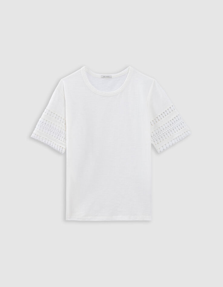 White crew neck T-shirt with lace sleeves-5 White crew neck T-shirt with lace sleeves-5