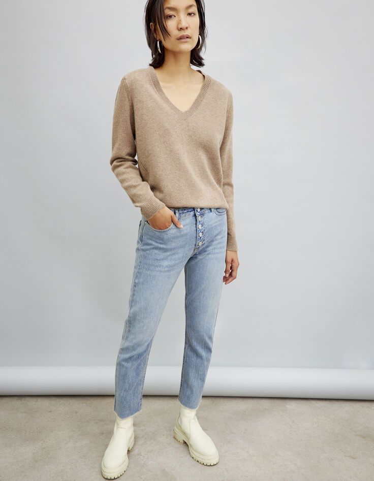 Pull caramel en maille fine avec épaulettes femme-6
