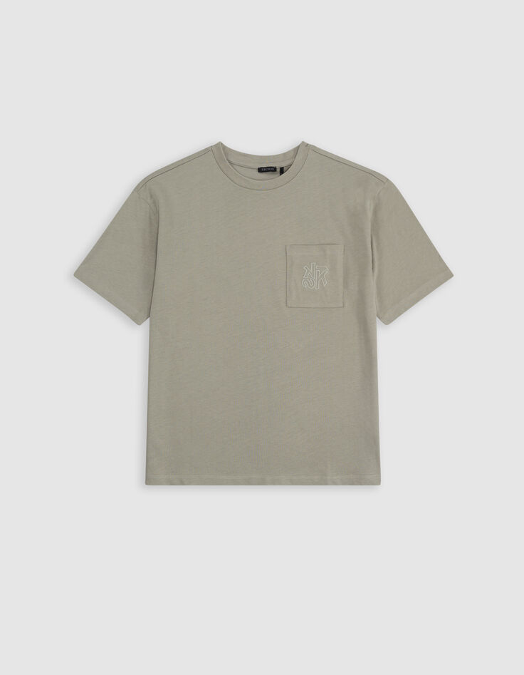 Khaki Jungen-T-Shirt, aufgesetzte Tasche, Stickerei-5