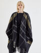 Women’s black checked fringed poncho-6