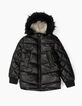 Girls’ black coated padded jacket with fur hood -1